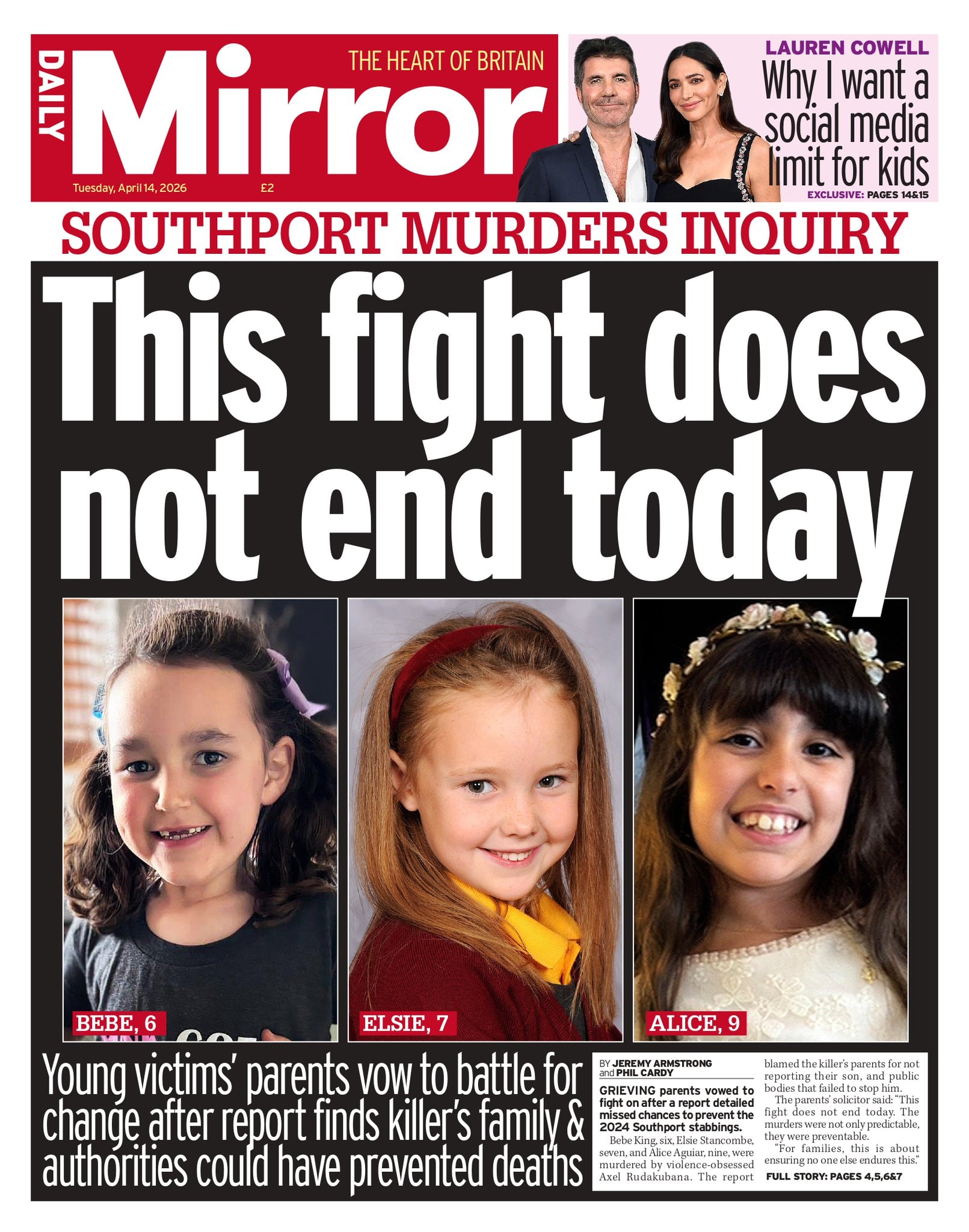 Front page of Daily Mirror, 14 April 2026