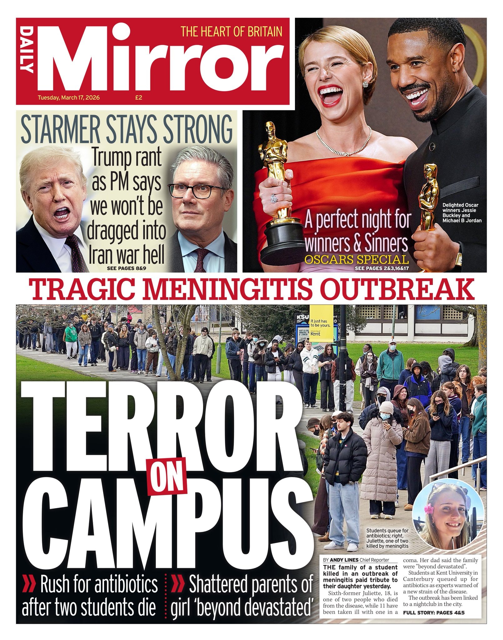 Front page of Daily Mirror, 17 March 2026