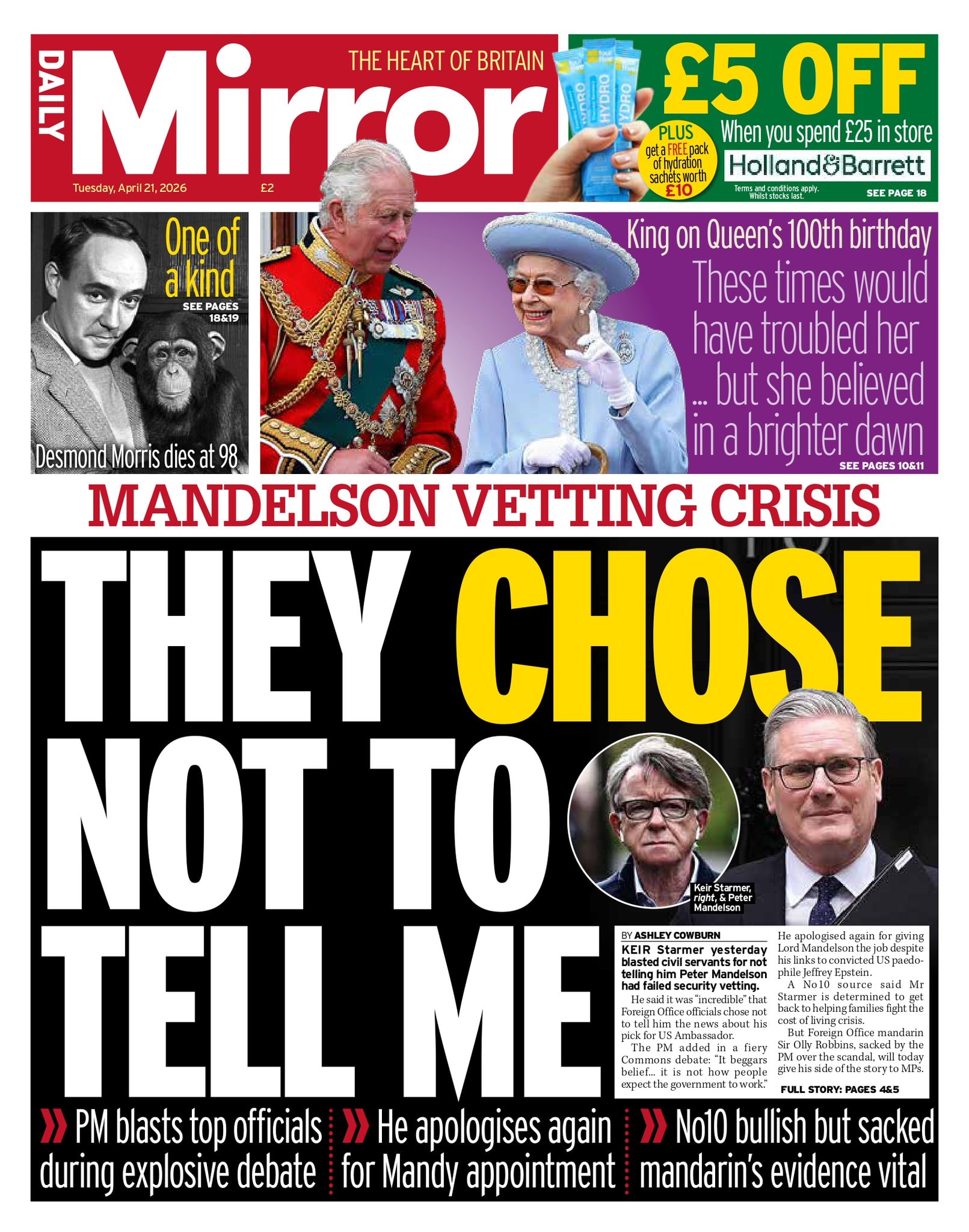 Front page of Daily Mirror, 21 April 2026