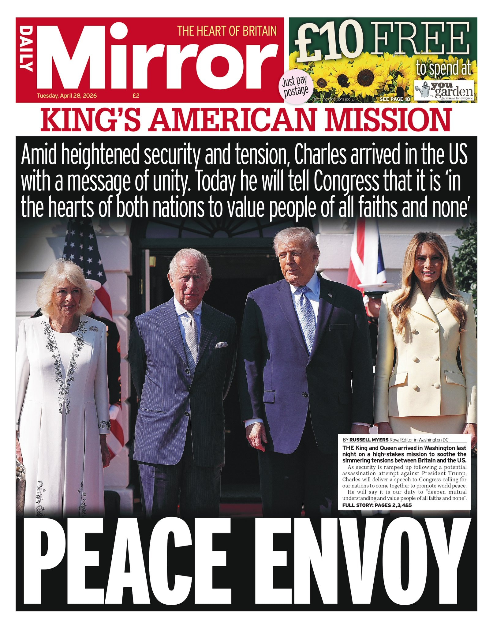 Front page of Daily Mirror, 28 April 2026