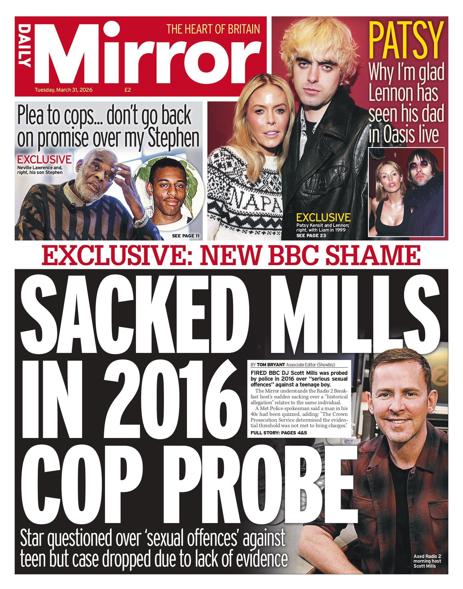 Front page of Daily Mirror, 31 March 2026