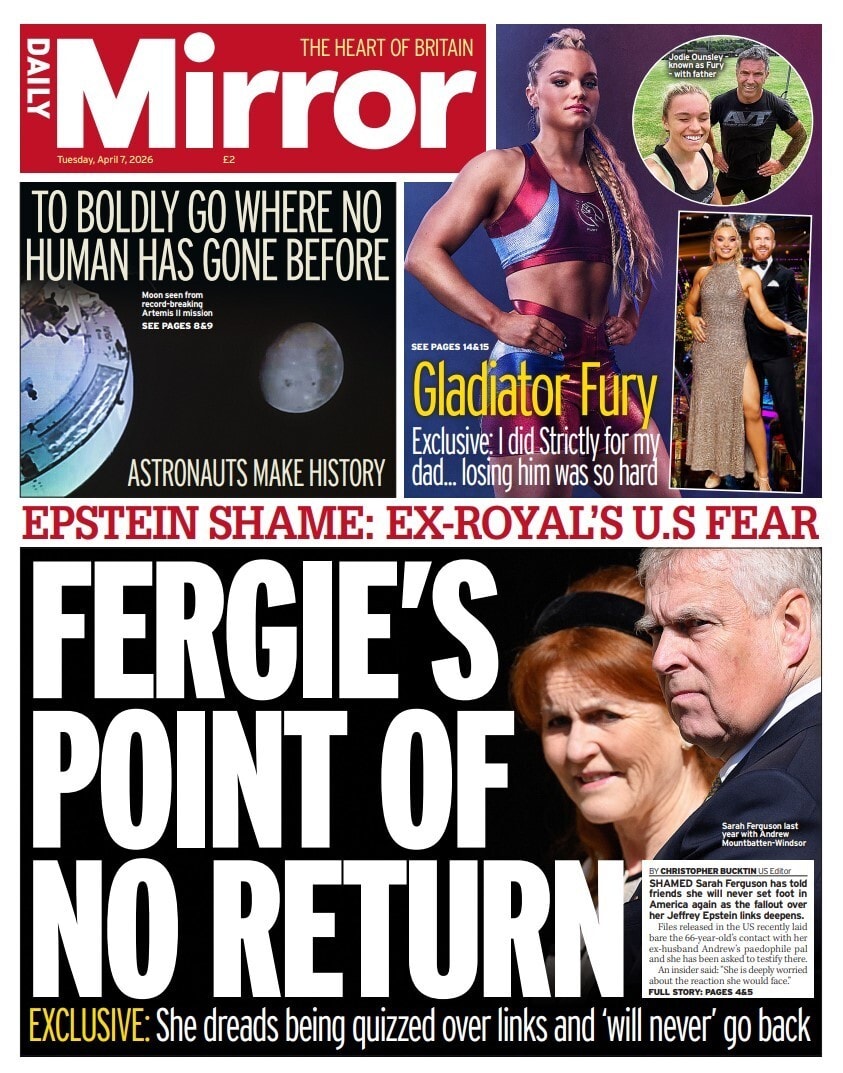 Front page of Daily Mirror, 7 April 2026