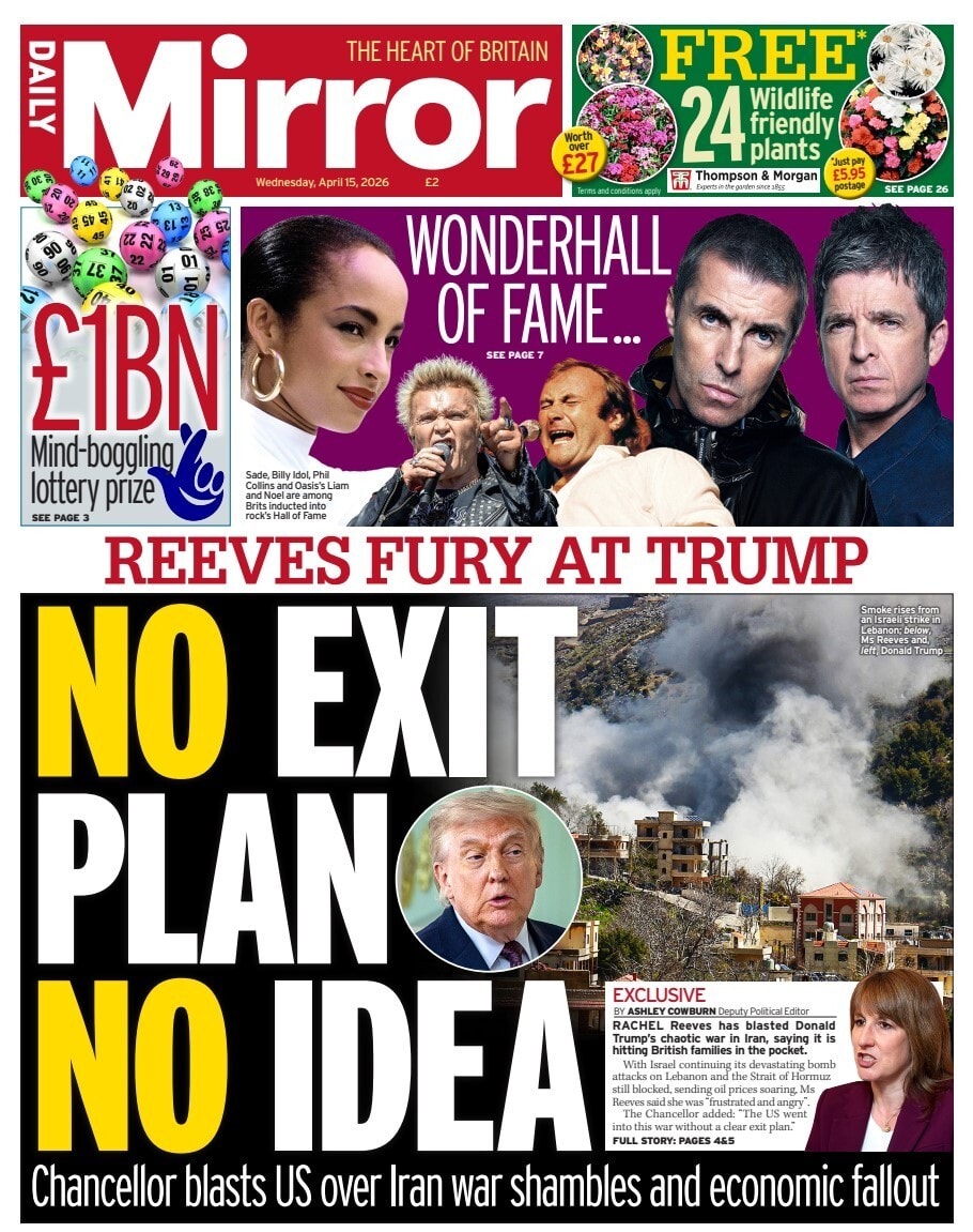 Front page of Daily Mirror, 15 April 2026