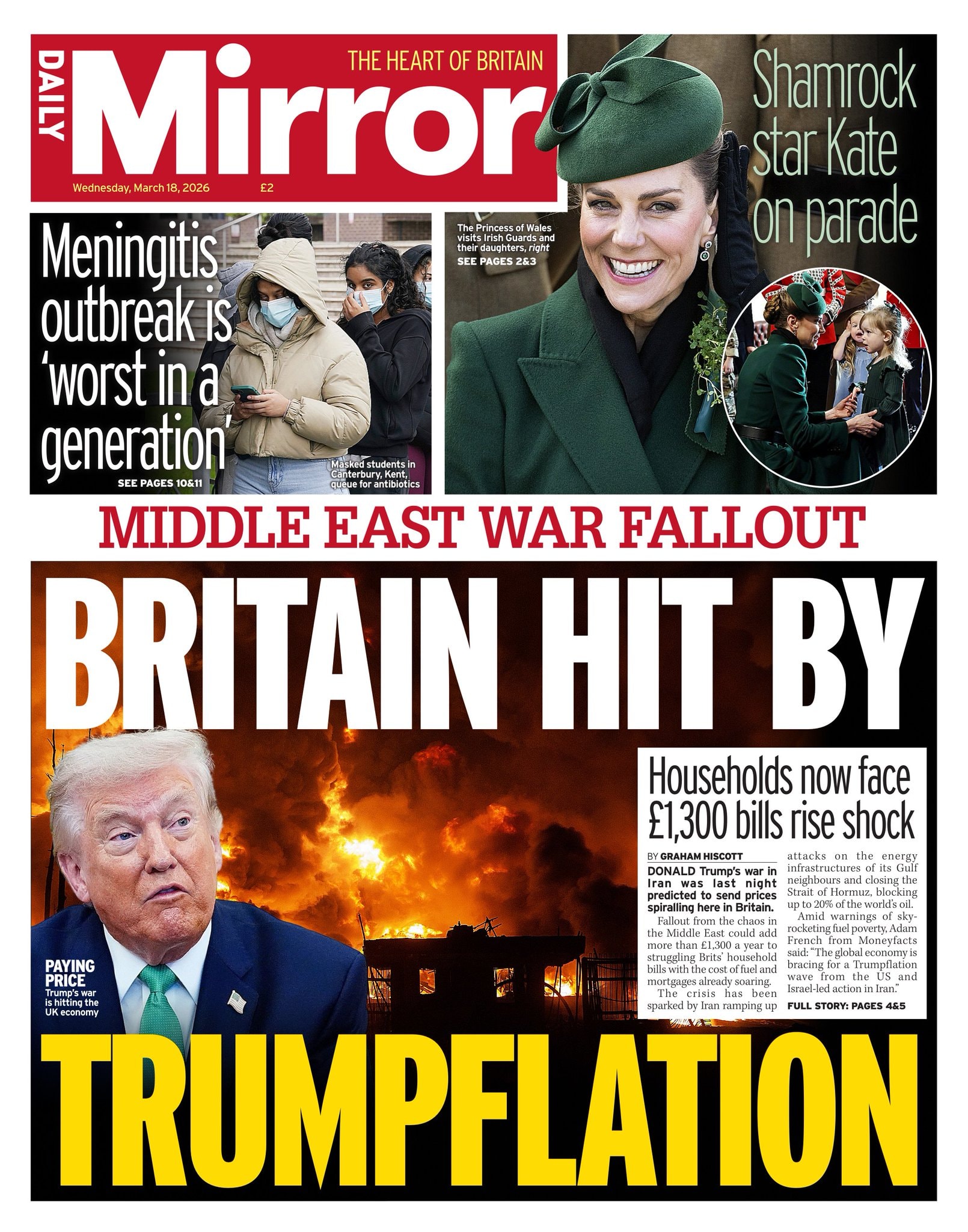 Front page of Daily Mirror, 18 March 2026