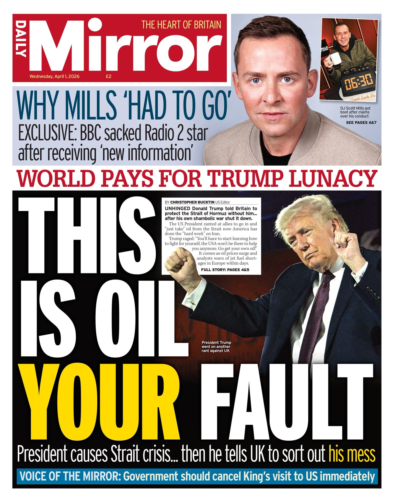 Front page of Daily Mirror, 1 April 2026