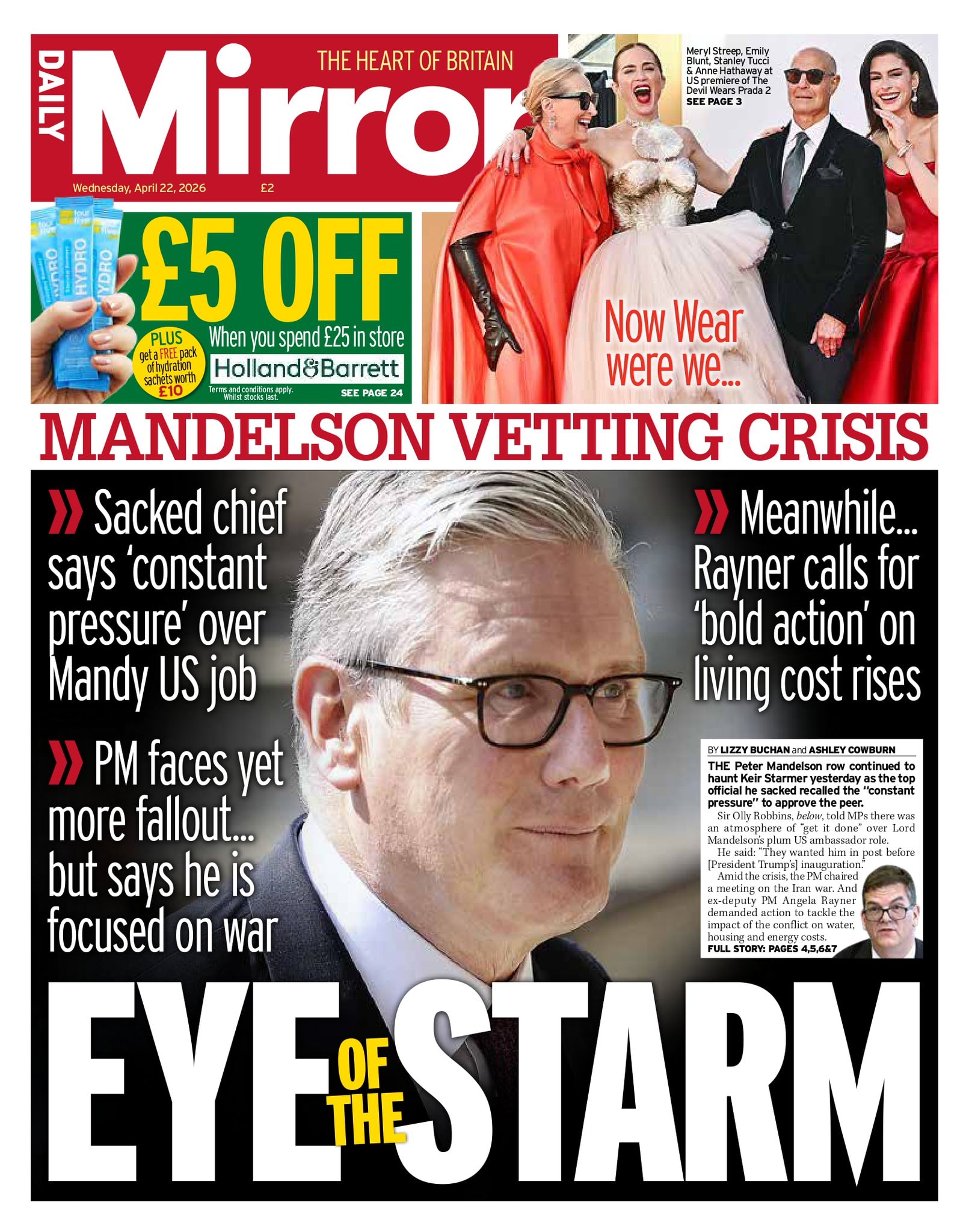 Front page of Daily Mirror, 22 April 2026