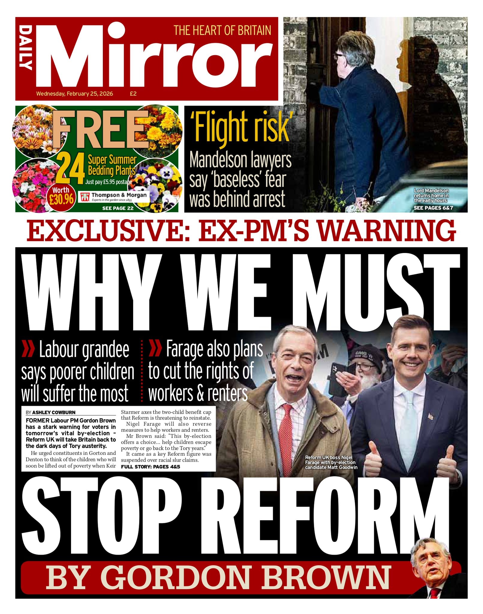 Front page of Daily Mirror, 25 February 2026