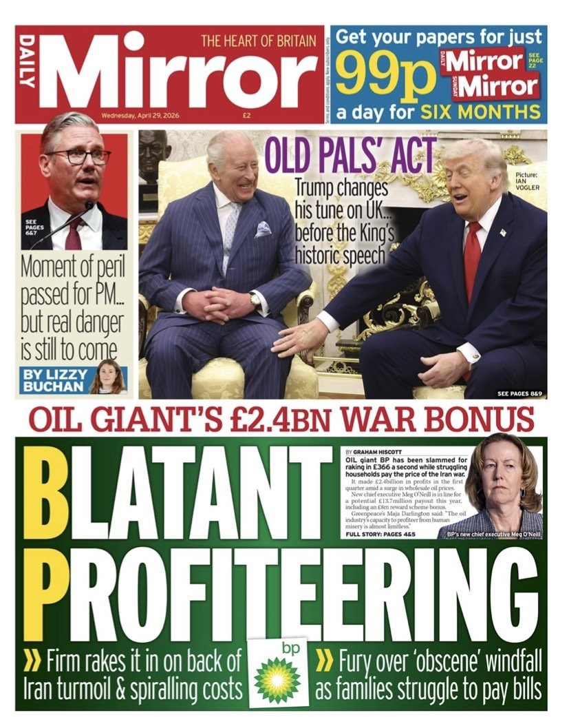Front page of Daily Mirror, 29 April 2026