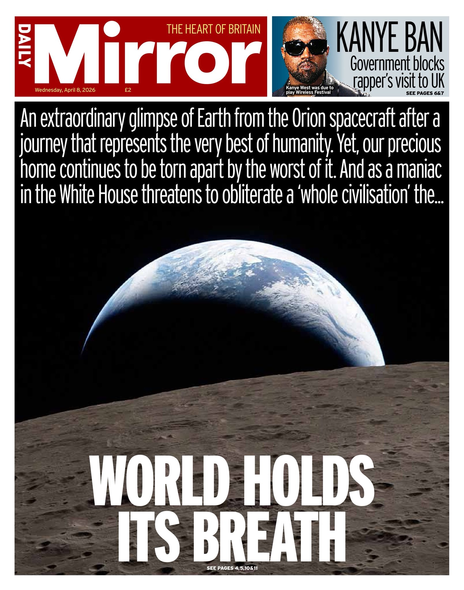 Front page of Daily Mirror, 8 April 2026