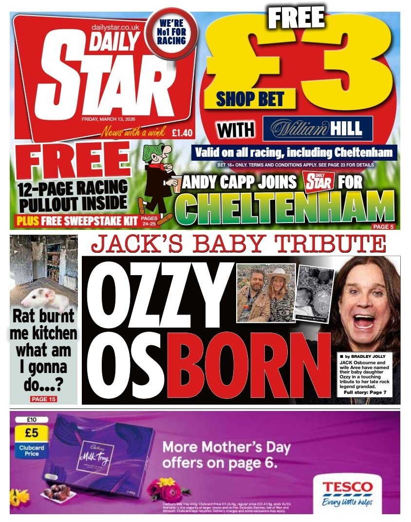 Front page of Daily Star, 13 March 2026