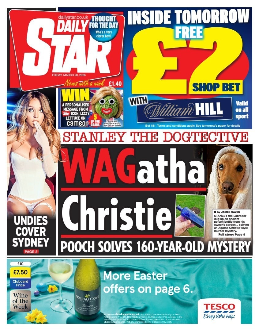 Front page of Daily Star, 20 March 2026
