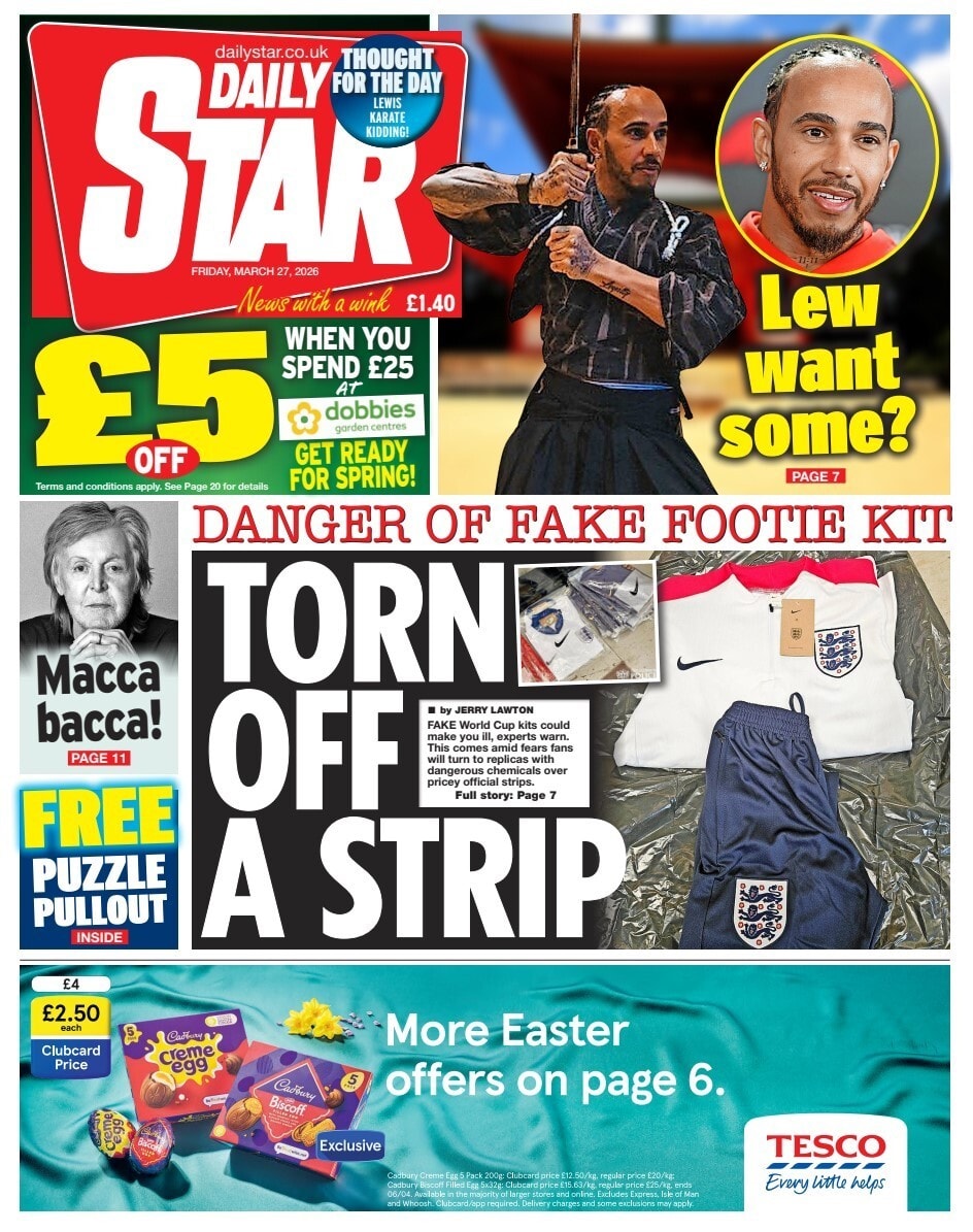 Front page of Daily Star, 27 March 2026