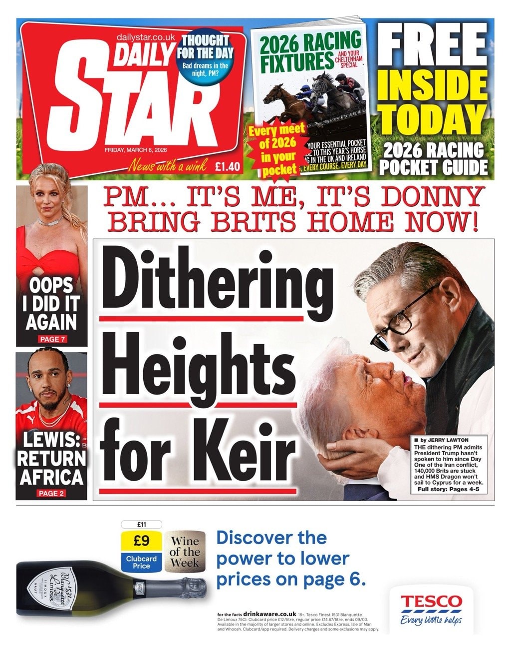 Front page of Daily Star, 6 March 2026