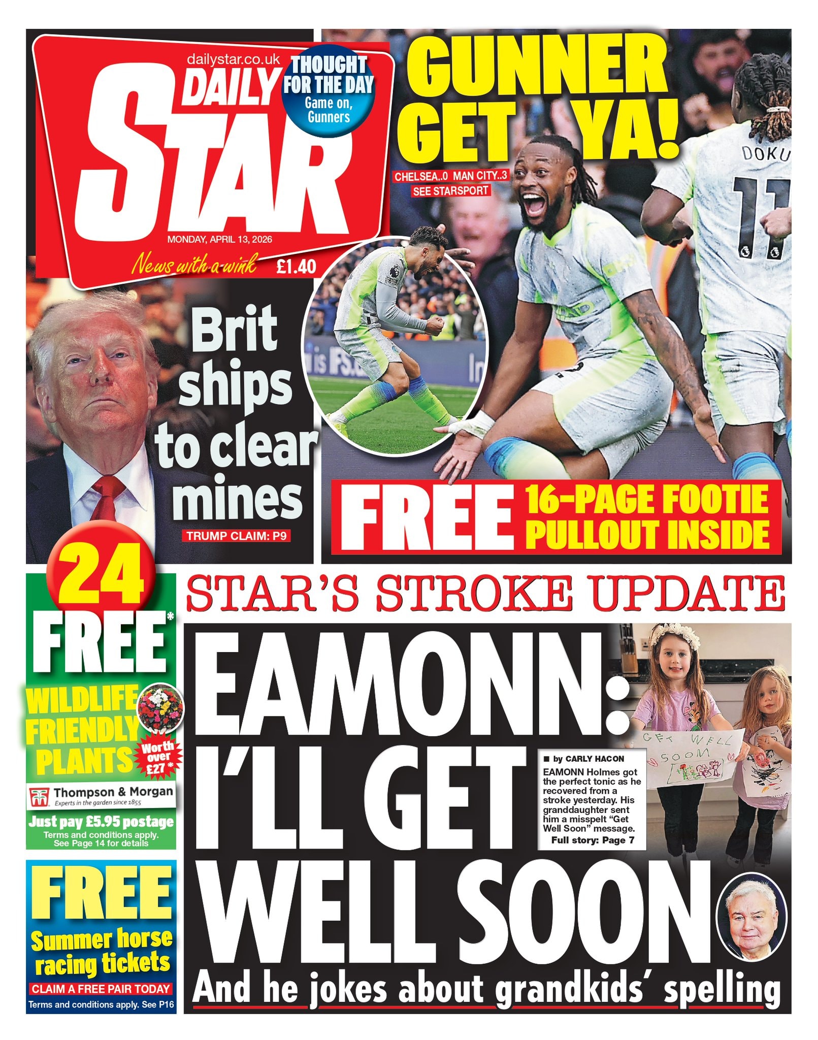 Front page of Daily Star, 13 April 2026