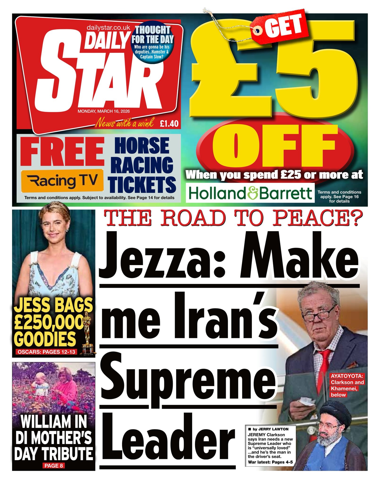 Front page of Daily Star, 16 March 2026