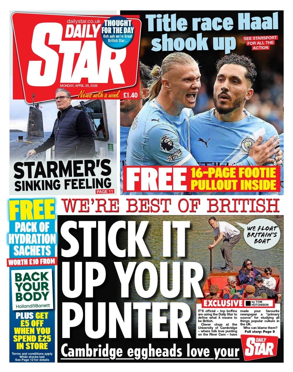 Front page of Daily Star, 20 April 2026