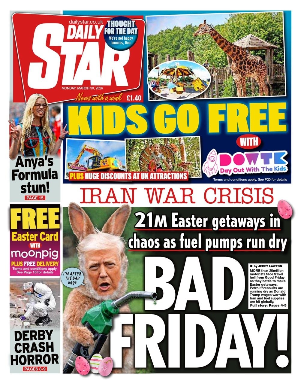 Front page of Daily Star, 30 March 2026
