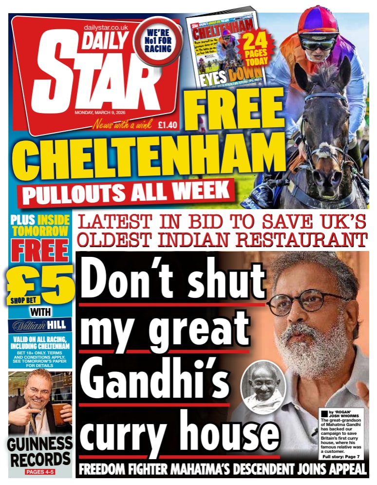 Front page of Daily Star, 9 March 2026