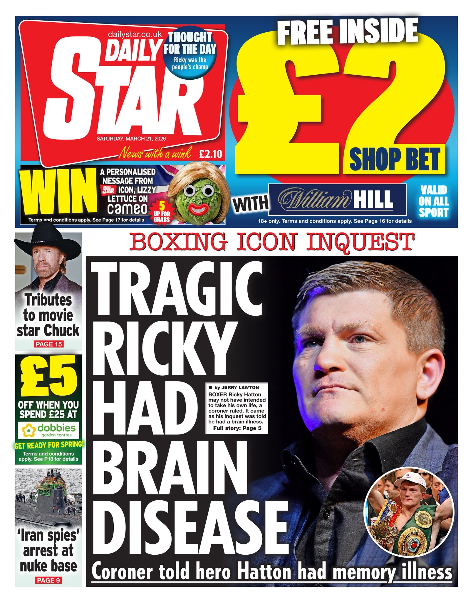 Front page of Daily Star, 21 March 2026