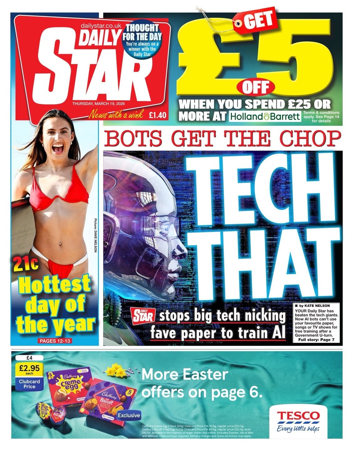 Front page of Daily Star, 19 March 2026