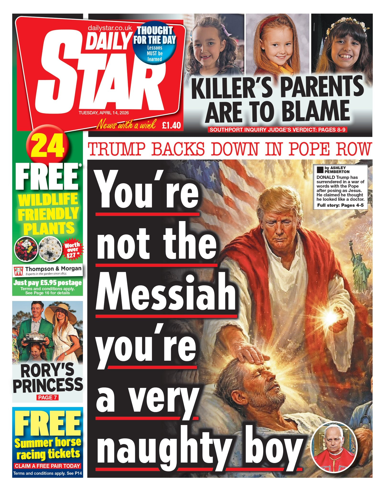 Front page of Daily Star, 14 April 2026