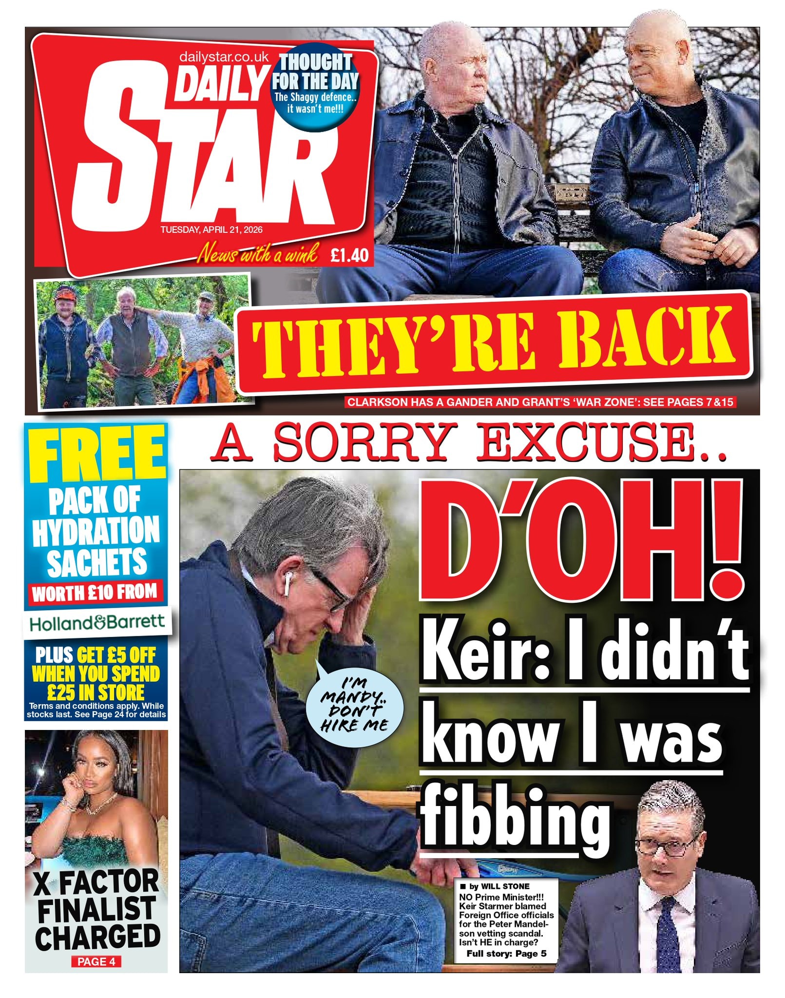 Front page of Daily Star, 21 April 2026