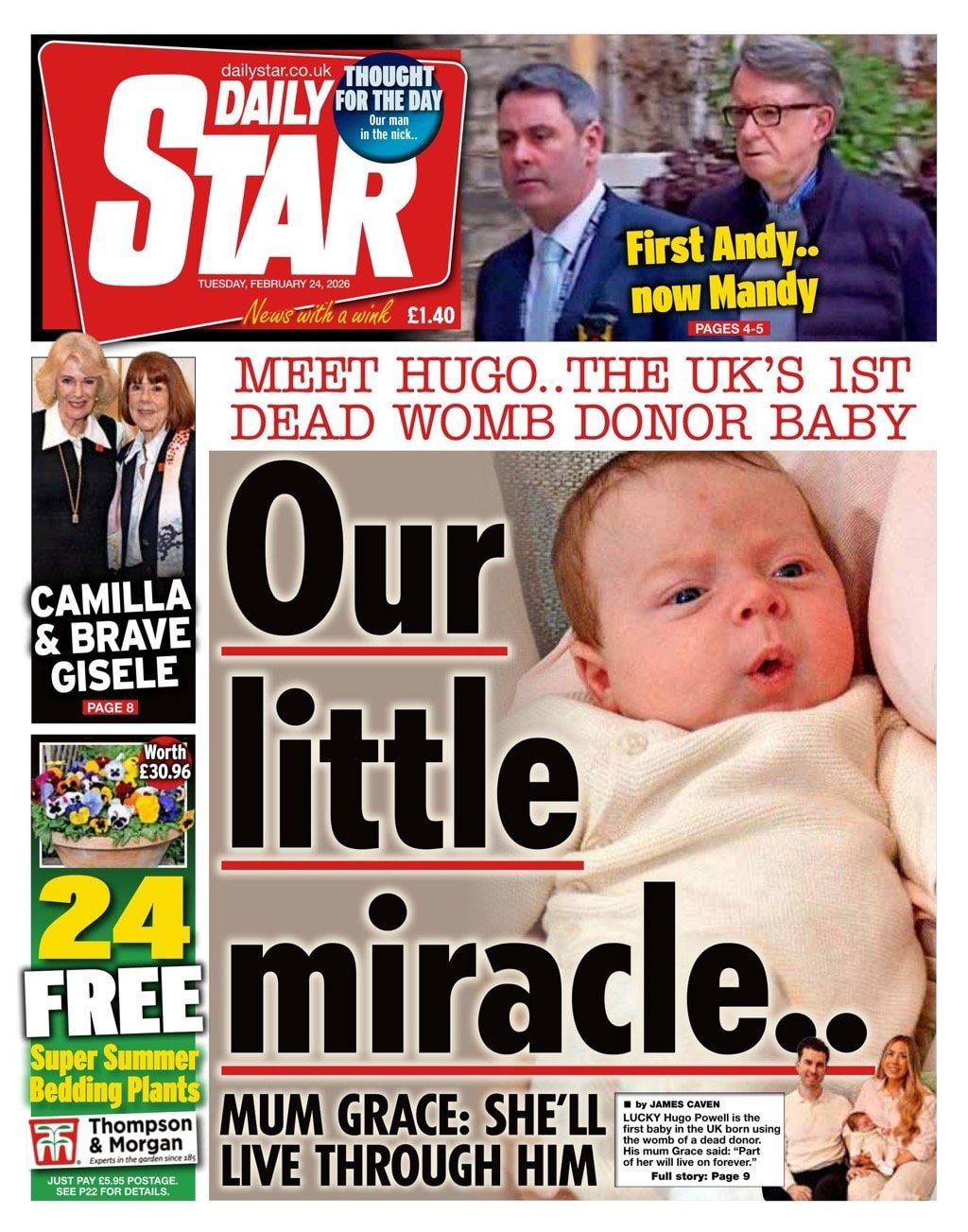 Front page of Daily Star, 24 February 2026