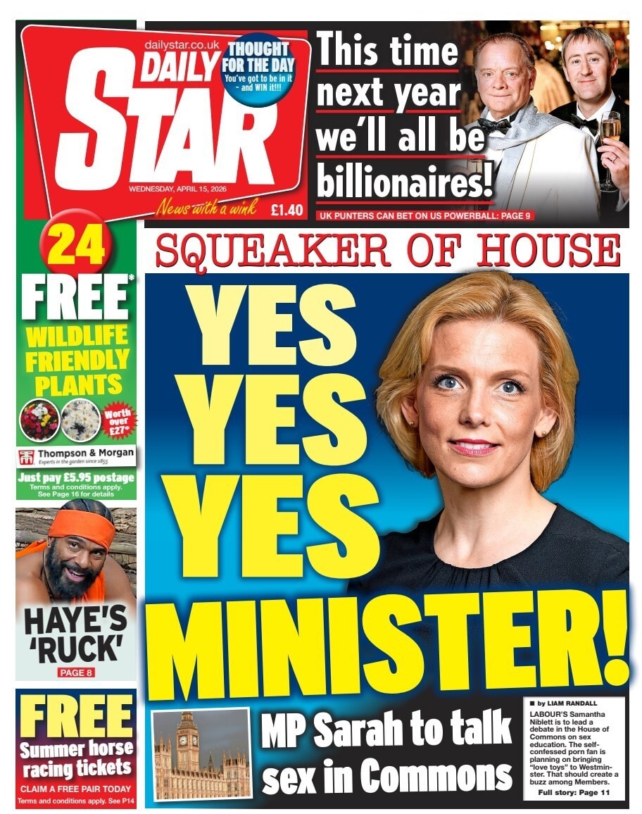 Front page of Daily Star, 15 April 2026