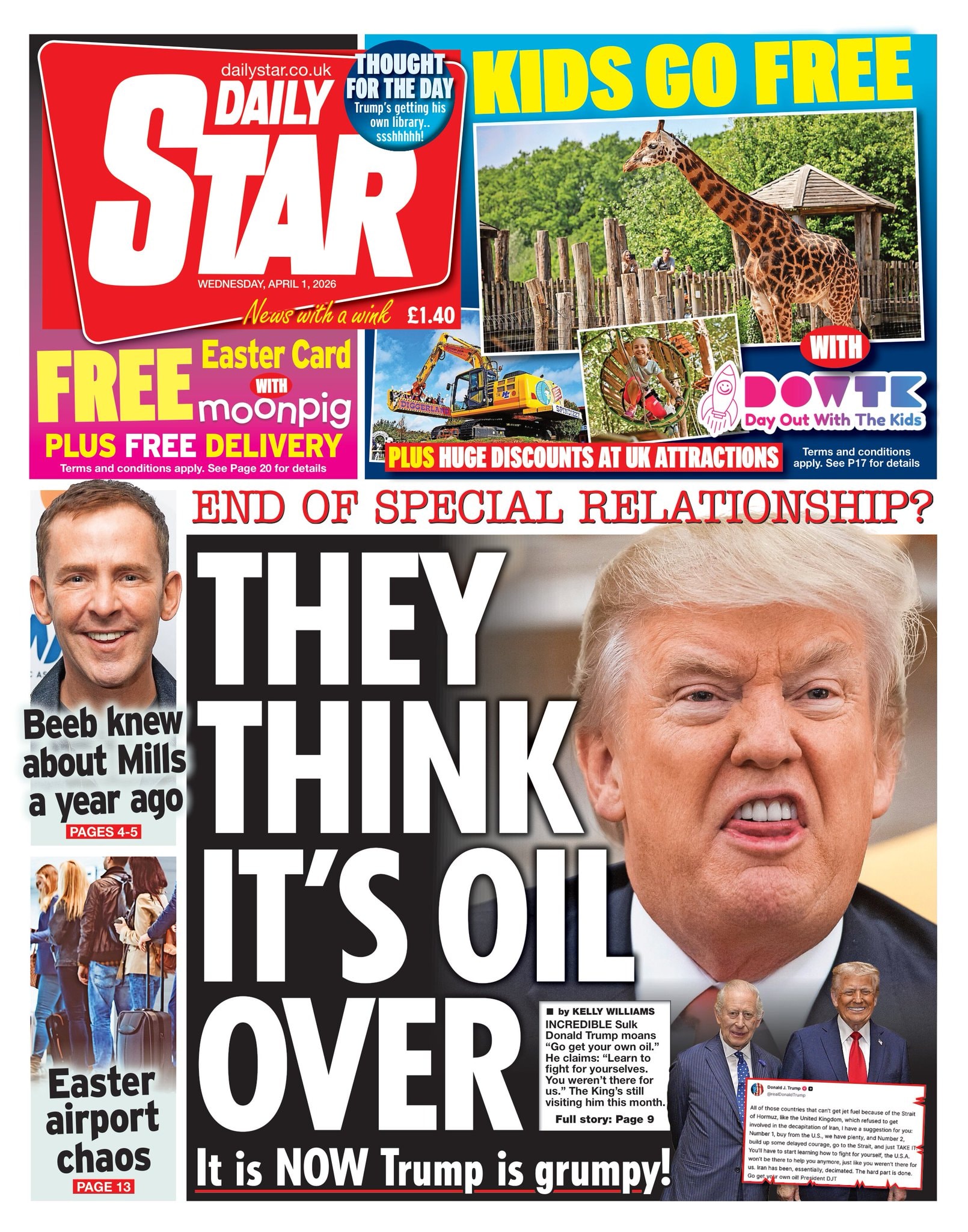 Front page of Daily Star, 1 April 2026