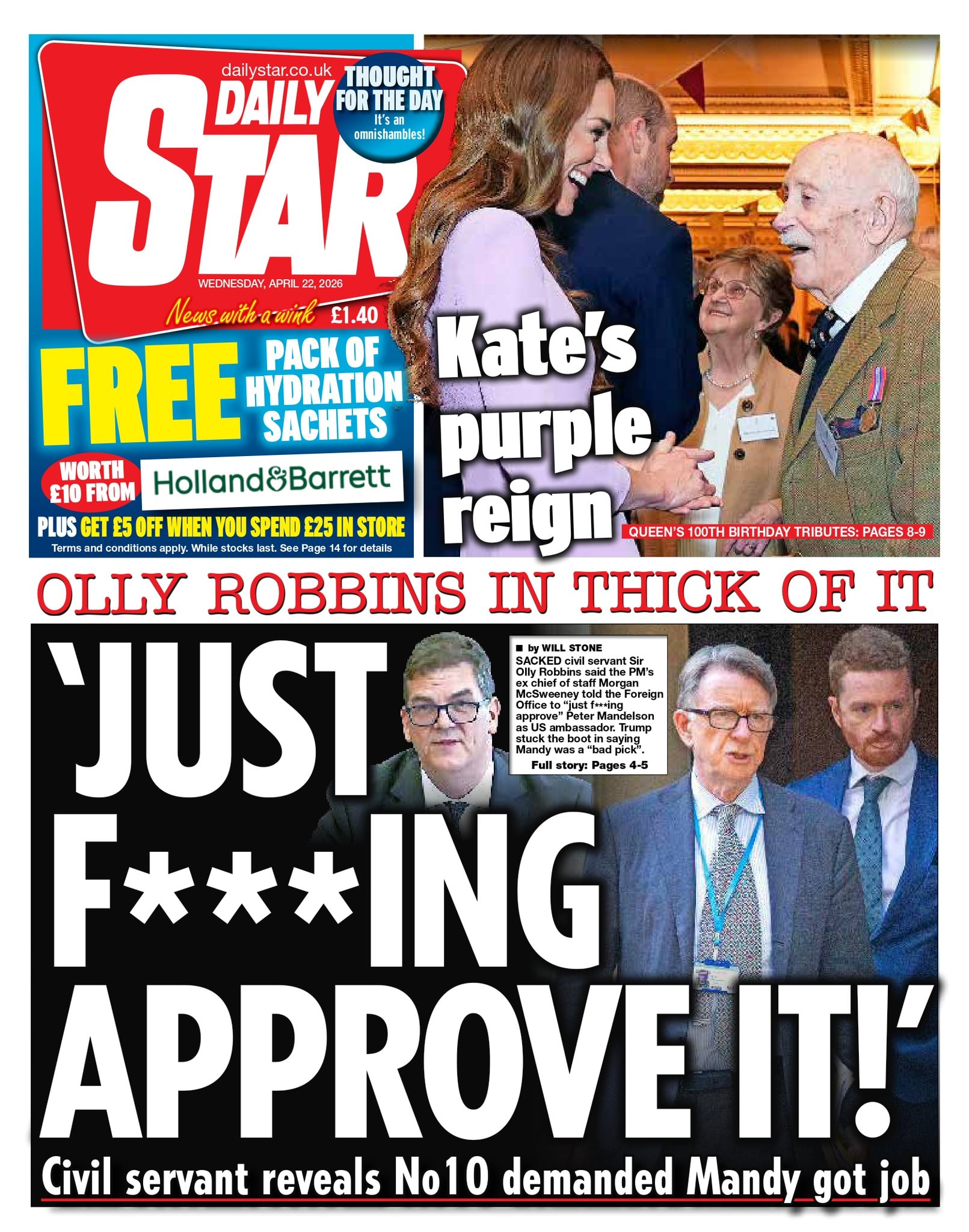 Front page of Daily Star, 22 April 2026
