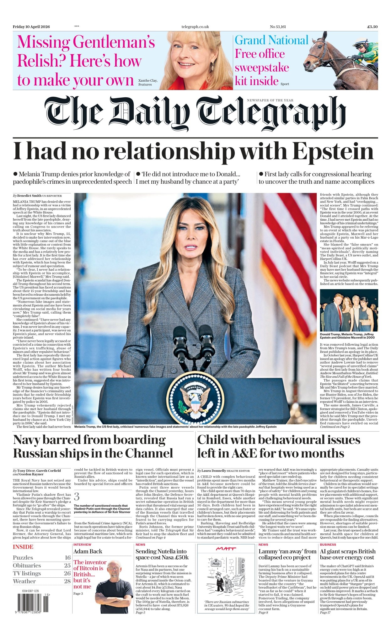Front page of Daily Telegraph, 10 April 2026
