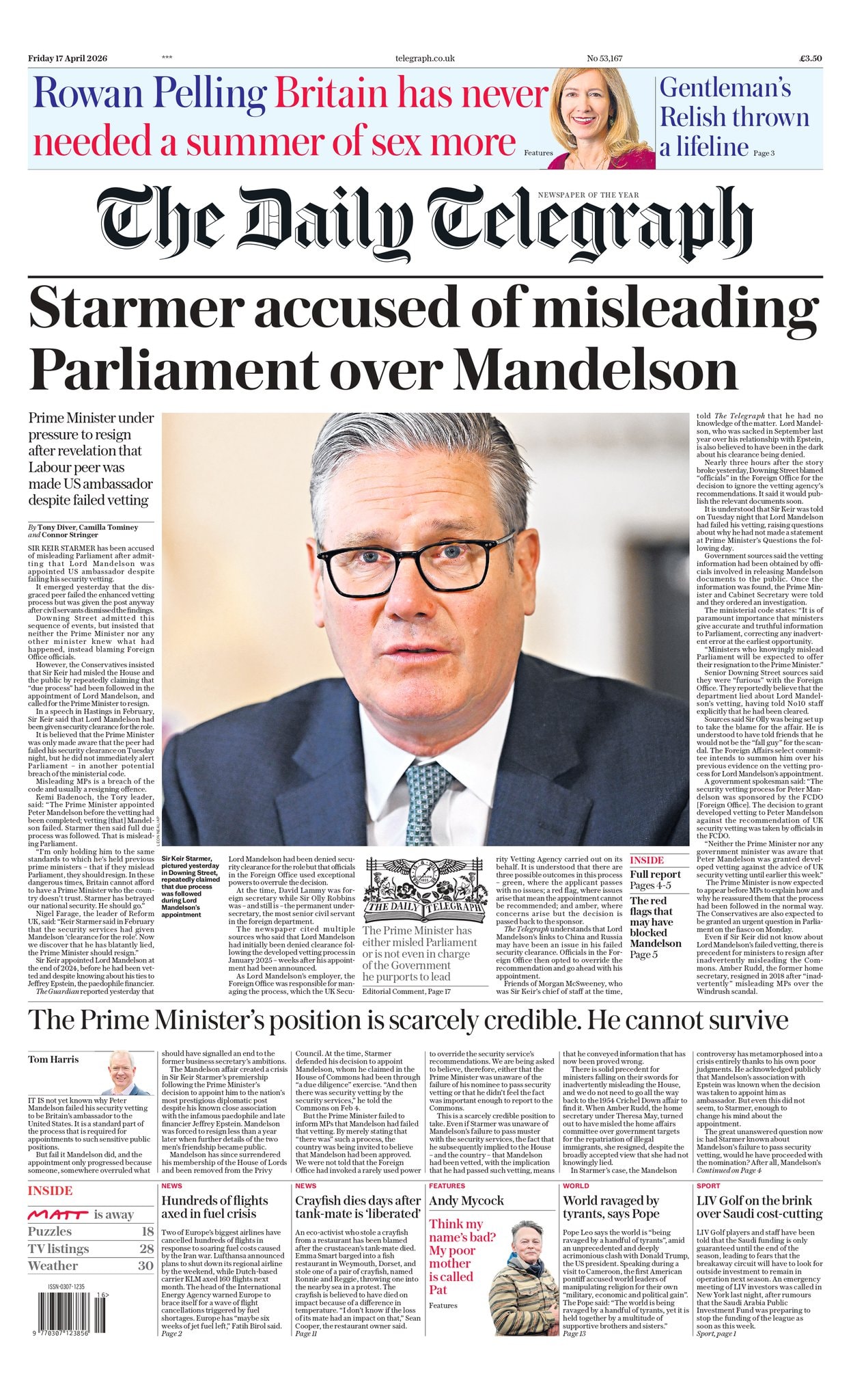 Front page of Daily Telegraph, 17 April 2026