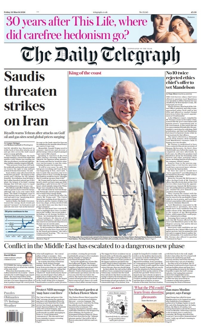 Front page of Daily Telegraph, 20 March 2026