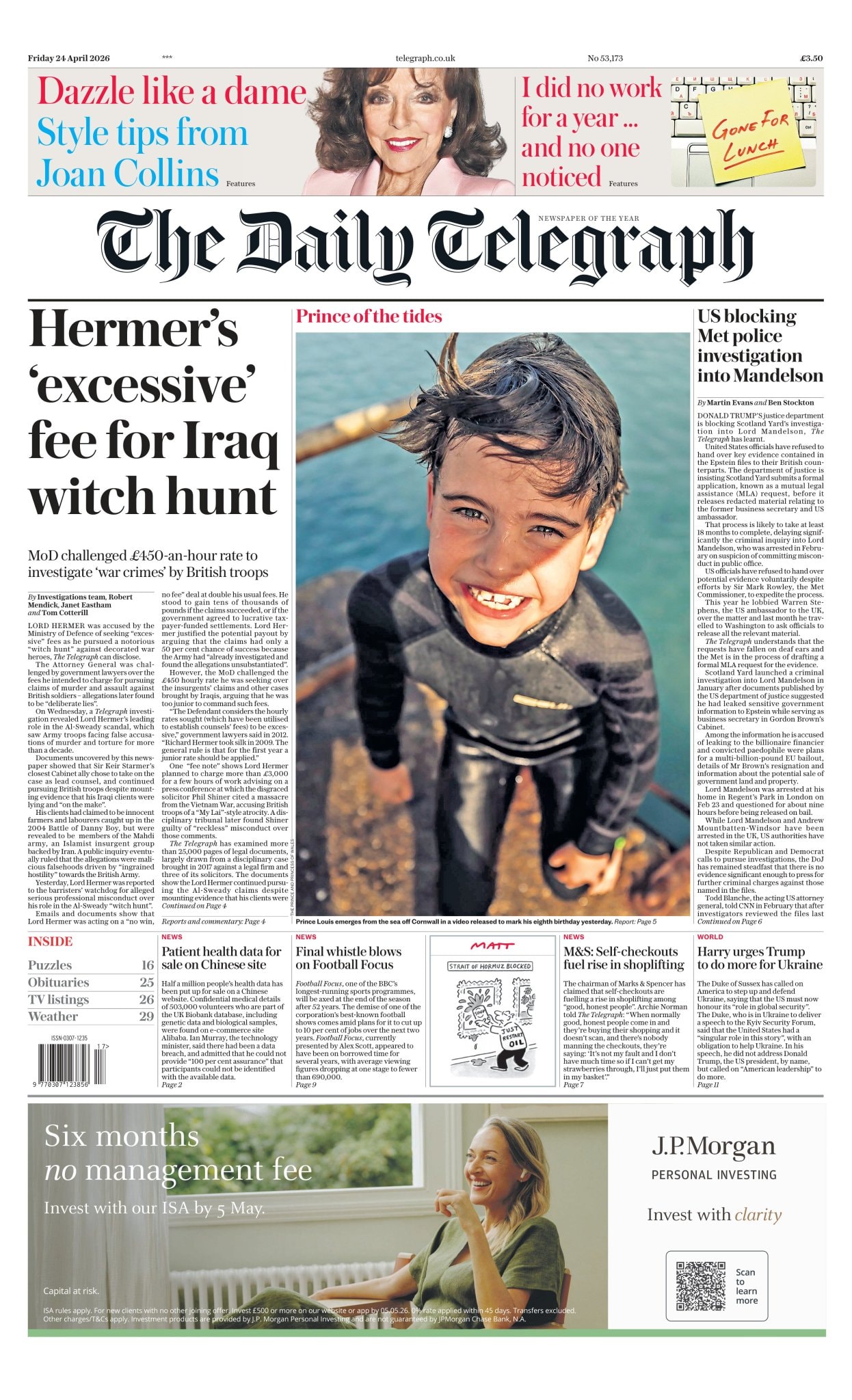 Front page of Daily Telegraph, 24 April 2026