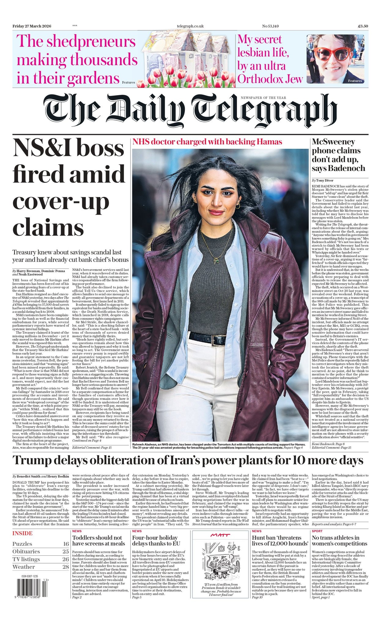 Front page of Daily Telegraph, 27 March 2026