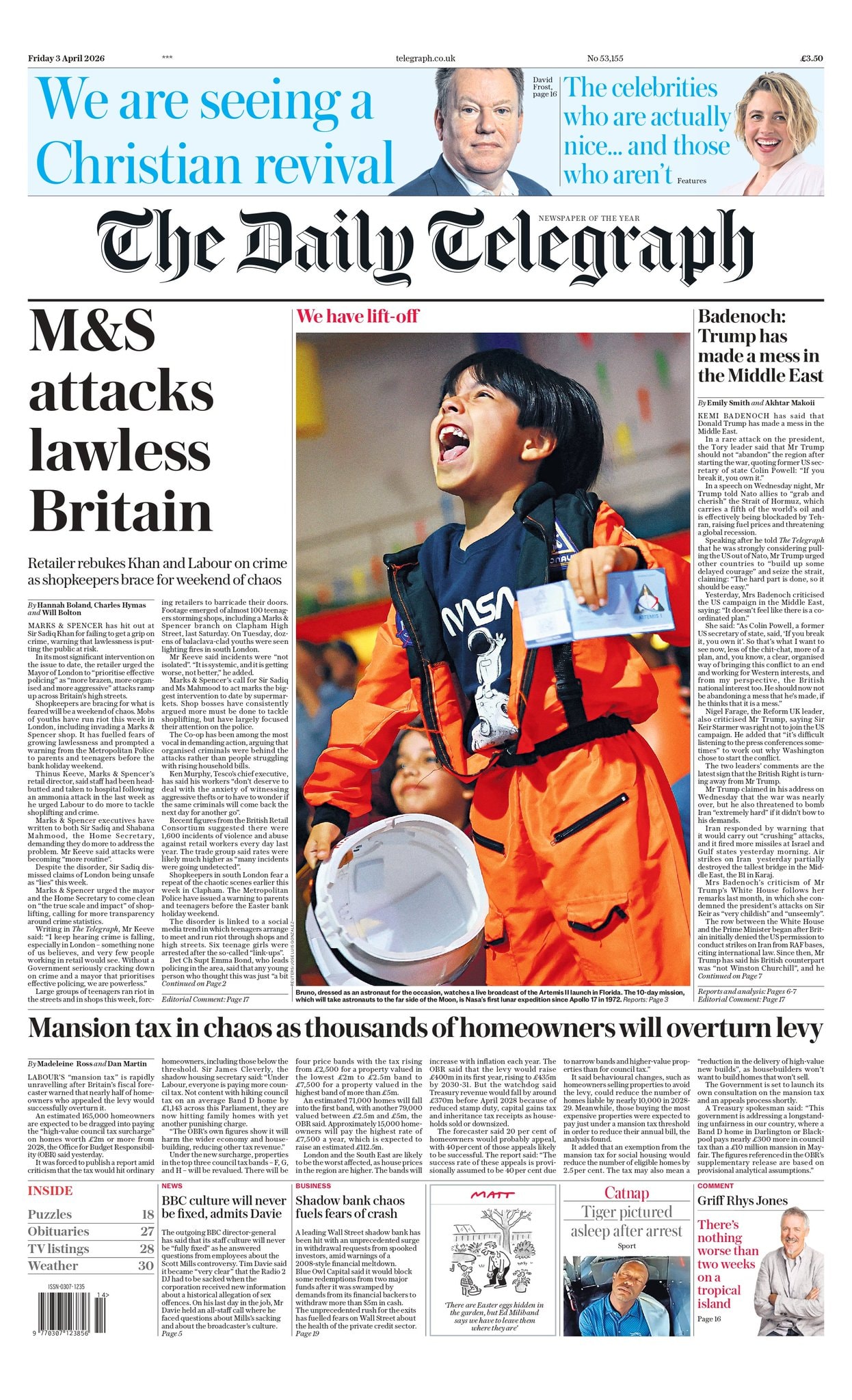 Front page of Daily Telegraph, 3 April 2026