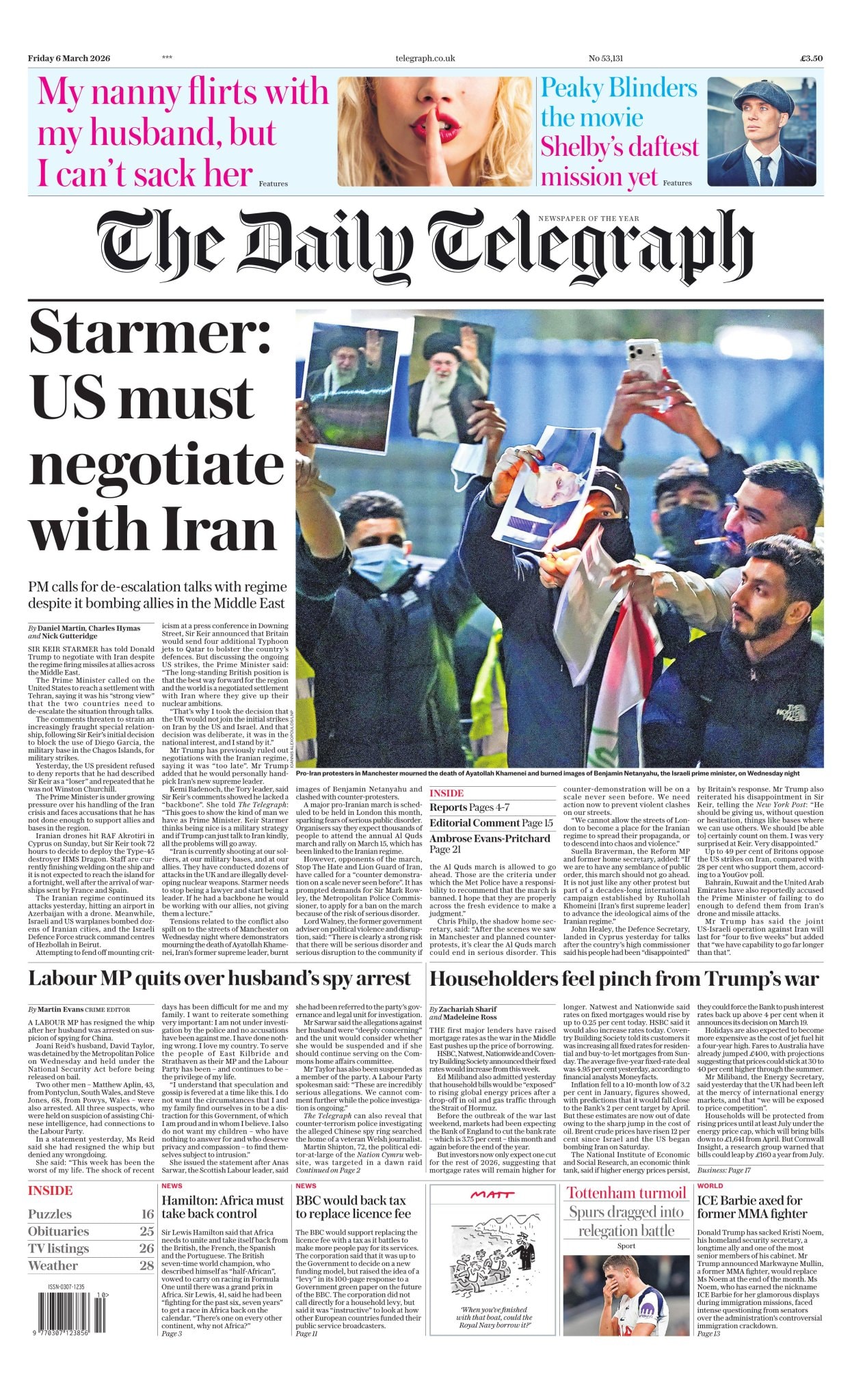 Front page of Daily Telegraph, 6 March 2026