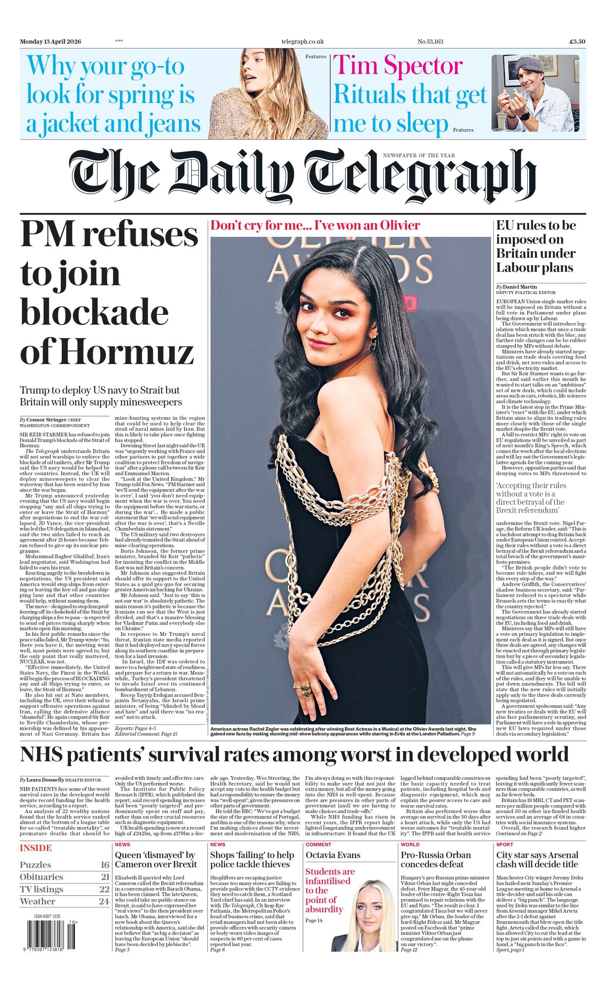 Front page of Daily Telegraph, 13 April 2026