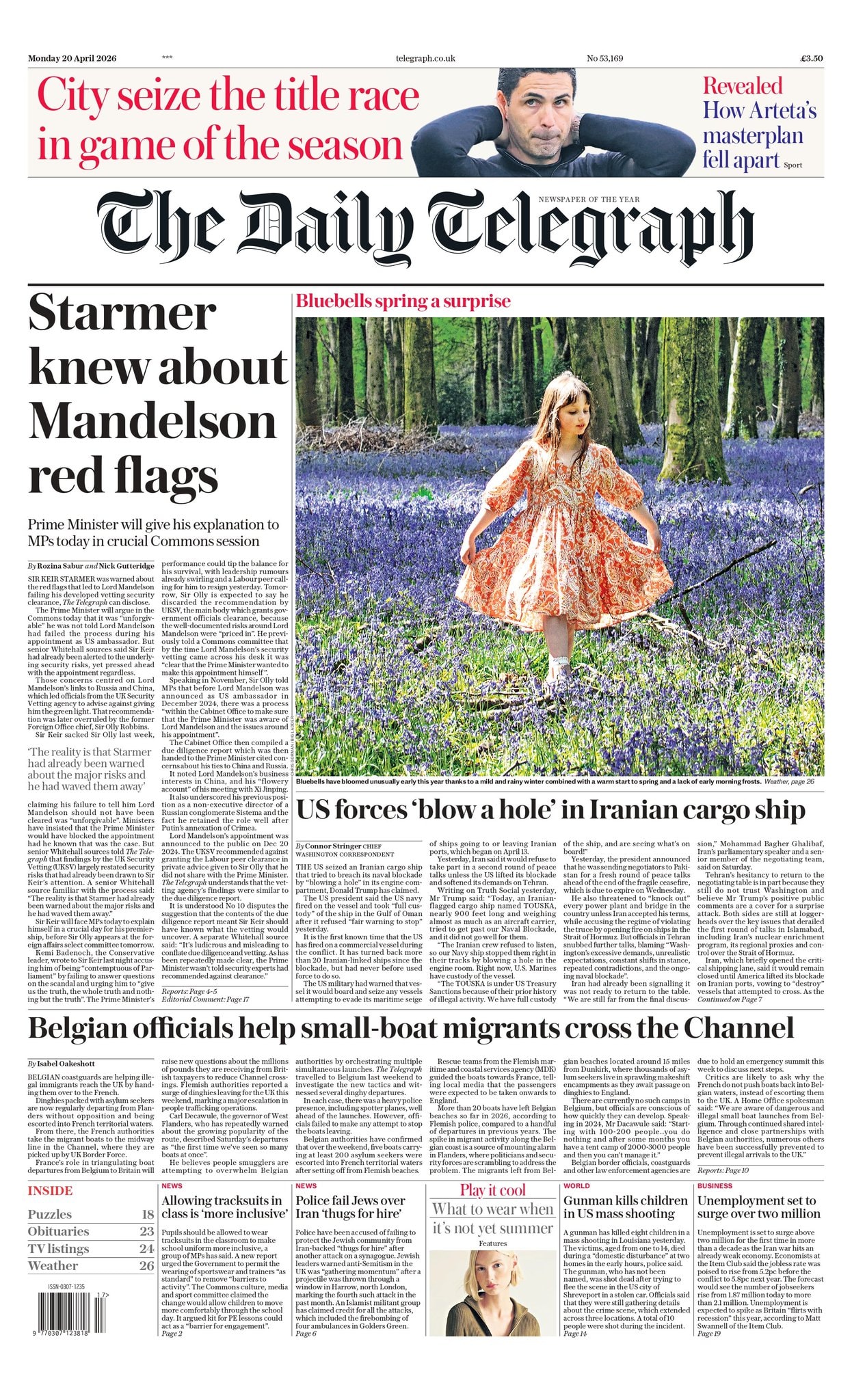 Front page of Daily Telegraph, 20 April 2026