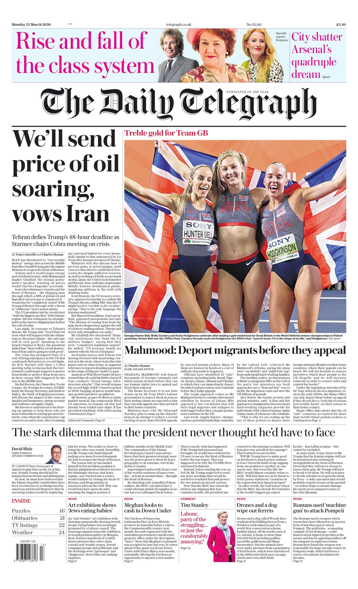Front page of Daily Telegraph, 23 March 2026