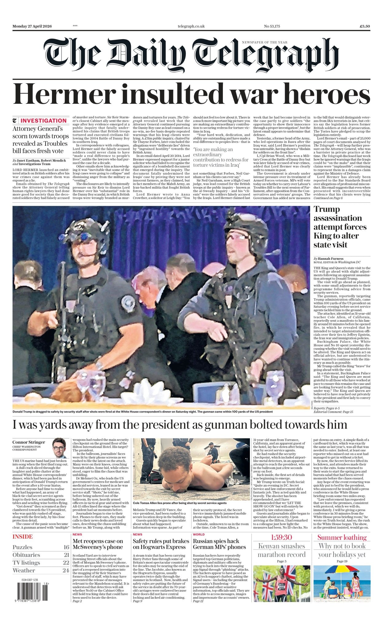 Front page of Daily Telegraph, 27 April 2026