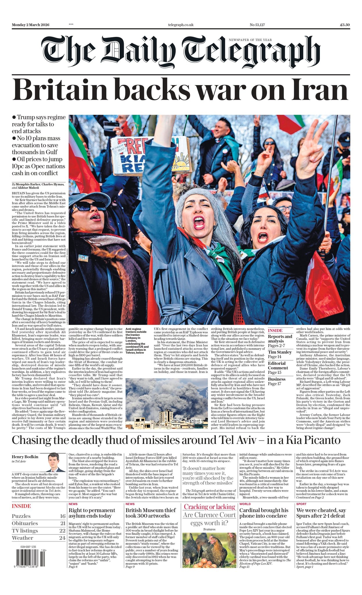 Front page of Daily Telegraph, 2 March 2026