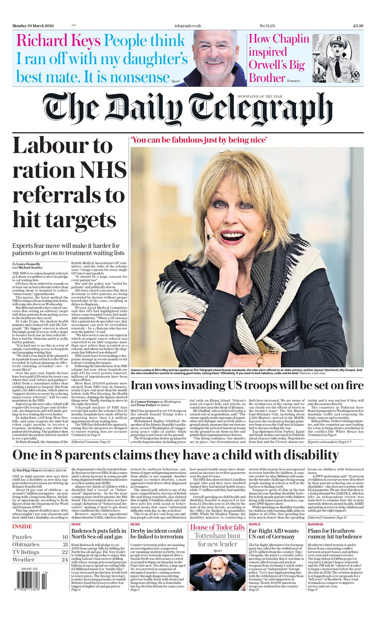 Front page of Daily Telegraph, 30 March 2026