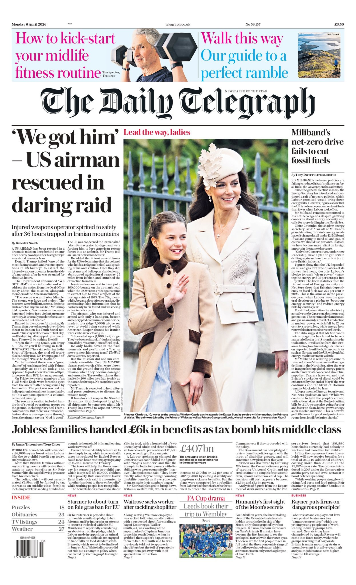Front page of Daily Telegraph, 6 April 2026