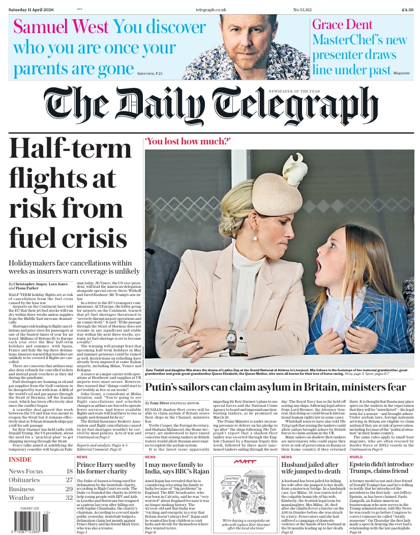 Front page of Daily Telegraph, 11 April 2026