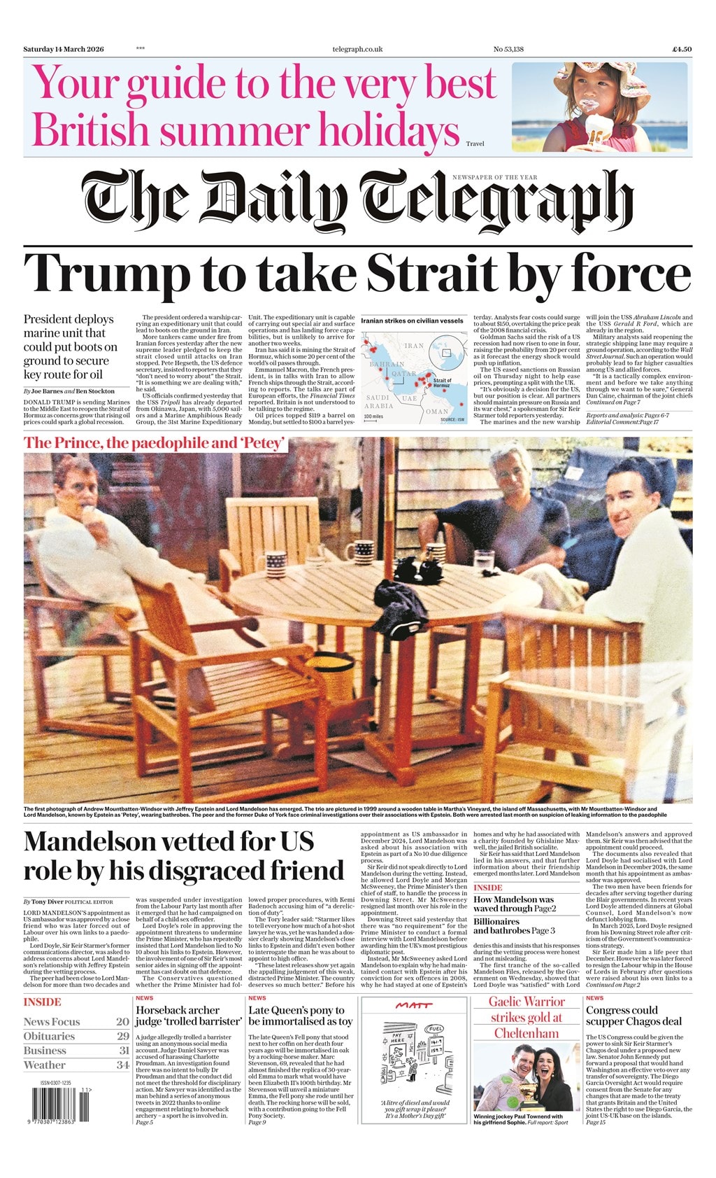 Front page of Daily Telegraph, 14 March 2026