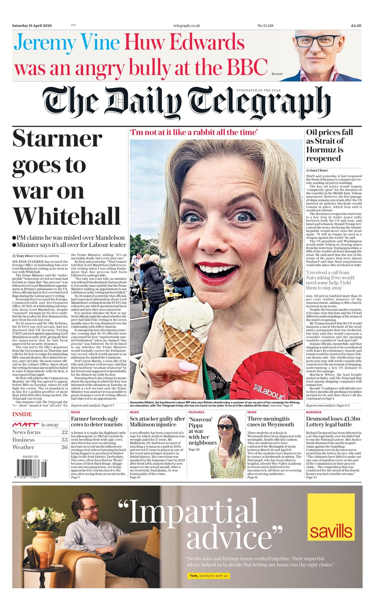 Front page of Daily Telegraph, 18 April 2026