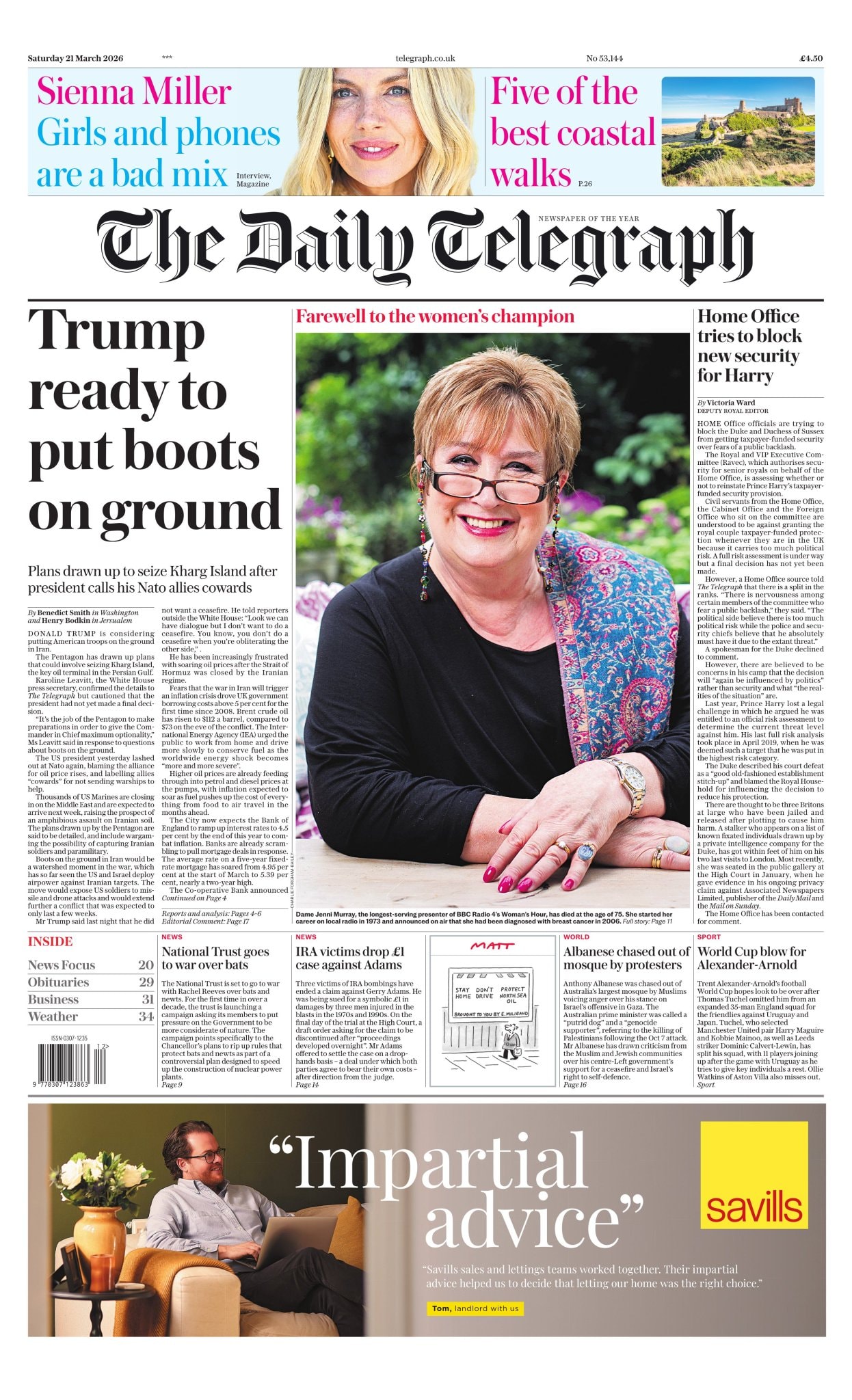 Front page of Daily Telegraph, 21 March 2026