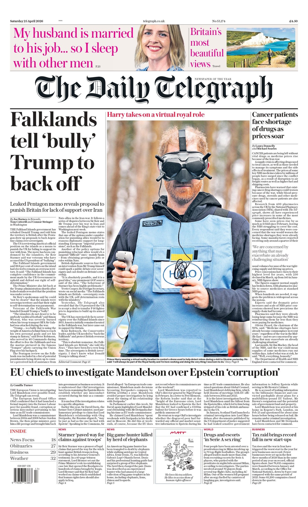 Front page of Daily Telegraph, 25 April 2026