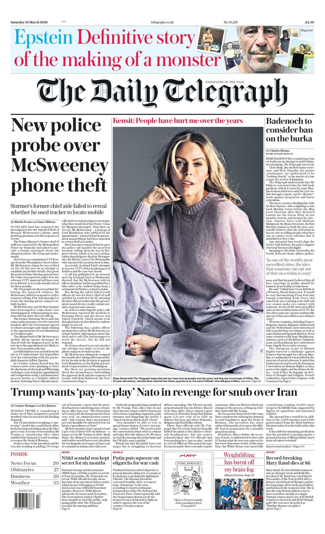 Front page of Daily Telegraph, 28 March 2026